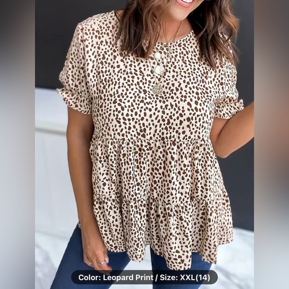 Tops - BRAND NEW Leopard Print Ruffle Hem T-Shirt, Casual Crew Neck Short Sleeve XXL